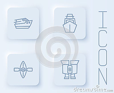 Set line Speedboat, Yacht sailboat, Kayak and paddle and Binoculars. White square button. Vector Vector Illustration