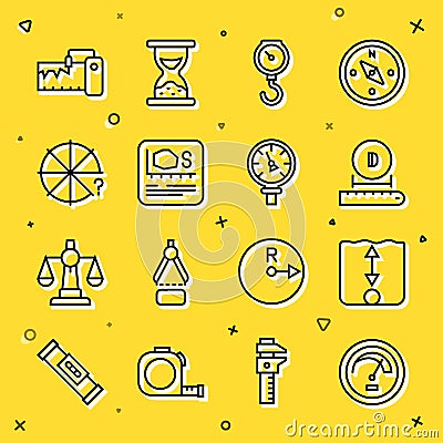Set line Speedometer, Depth measurement, Diameter, Hand scale spring mechanical, Area, Circle of pieces, Measuring Vector Illustration