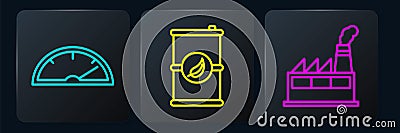 Set line Speedometer, Oil industrial factory building and Bio fuel barrel. Black square button. Vector Vector Illustration