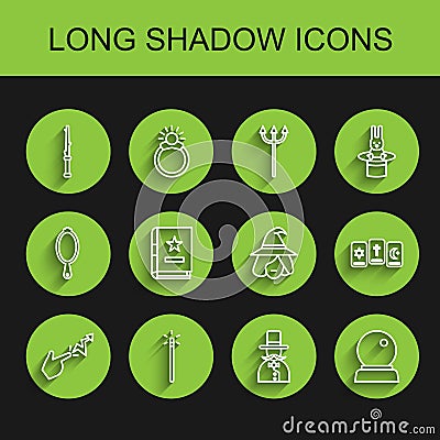 Set line Spell, Magic wand, Magician, ball, Ancient magic book, Three tarot cards and Witch icon. Vector Vector Illustration
