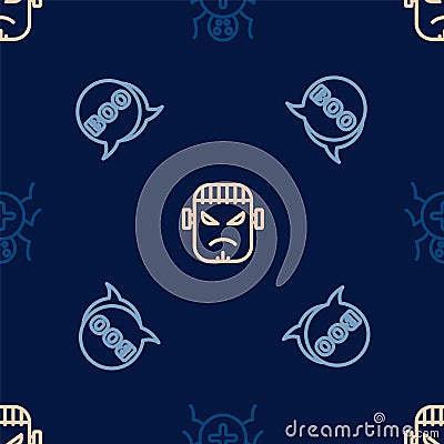 Set line Spider, Boo speech bubble and Frankenstein face on seamless pattern. Vector Vector Illustration