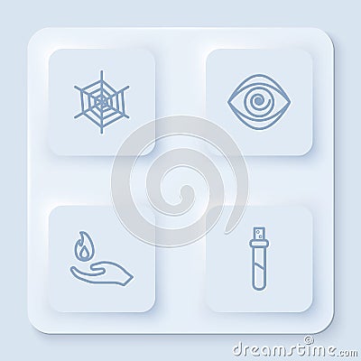 Set line Spider web, Hypnosis, Hand holding a fire and Bottle with love potion. White square button. Vector Vector Illustration