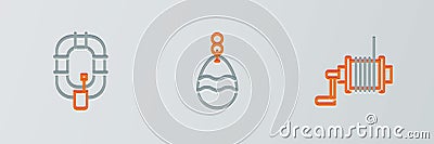 Set line Spinning reel for fishing, Inflatable boat and Fishing spoon icon. Vector Vector Illustration