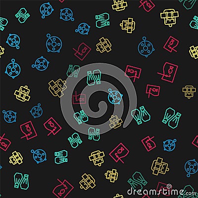 Set line Spinning reel for fishing, Rubber flippers swimming, Hiking backpack and Fishing hook with on seamless pattern Stock Photo