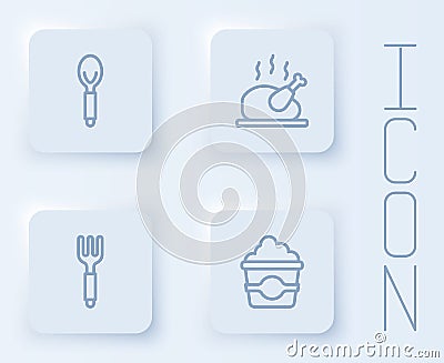 Set line Spoon, Roasted turkey or chicken, Fork and Popcorn in cardboard box. White square button. Vector Vector Illustration