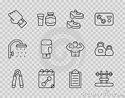 Set line Sport expander, Bench with barbel, sneakers, Calendar fitness, Smart watch on hand, Boxing glove, training Vector Illustration