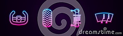 Set line Sport steering wheel, Car tire, Shock absorber and Windscreen wiper. Glowing neon icon. Vector Vector Illustration