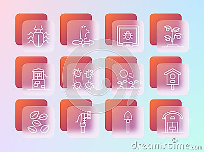 Set line Sprout, Garden hose, Plant sprouts grow in the sun, Shovel, Colorado beetle, and Rooster weather vane icon Vector Illustration