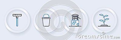 Set line Sprout, Well, Bucket and Garden rake icon. Vector Vector Illustration