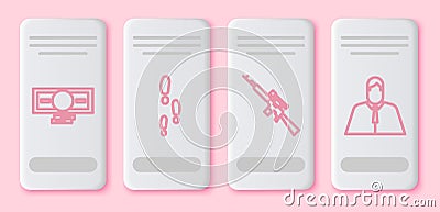 Set line Stacks paper money cash, Footsteps, Sniper rifle with scope and Lawyer, attorney, jurist. White rectangle Vector Illustration