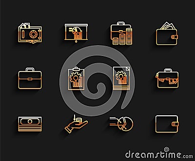 Set line Stacks paper money cash, Money hand, Safe, Pie chart infographic, Wallet, Clipboard with, Briefcase and Vector Illustration