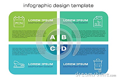 Set line Stapler, Calendar, Trash can and Document with graph chart. Business infographic template. Vector Vector Illustration
