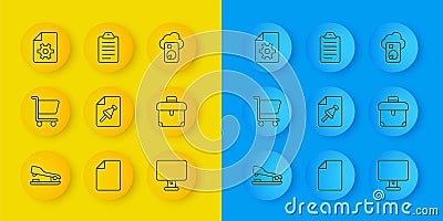Set line Stapler, Shopping cart, Note paper with push button, Computer monitor, Briefcase, Document settings, Cloud Stock Photo