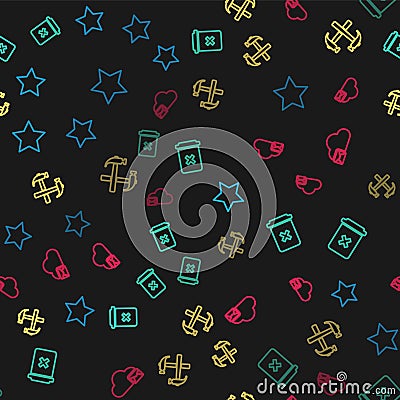 Set line Star, Trash can, Two crossed hammers and Cloud mail server on seamless pattern. Vector Vector Illustration