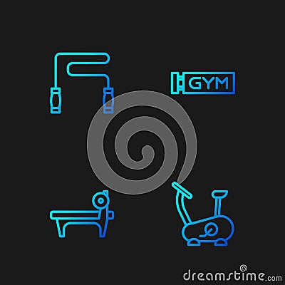 Set line Stationary bicycle, Bench with barbel, Jump rope and Location gym. Gradient color icons. Vector Vector Illustration