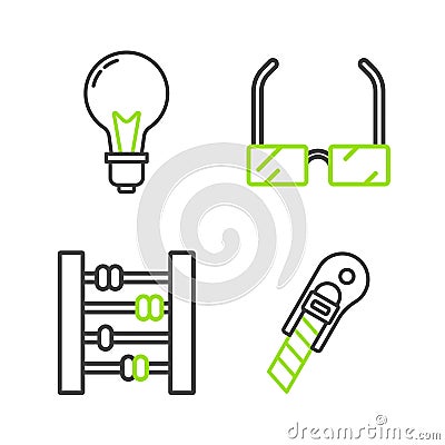 Set line Stationery knife, Abacus, Glasses and Light bulb with concept of idea icon. Vector Vector Illustration