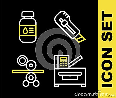 Set line Stationery knife, Copy machine, Paper roll of printing press and Printer ink bottle icon. Vector Stock Photo