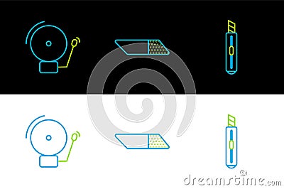 Set line Stationery knife, Ringing alarm bell and Eraser or rubber icon. Vector Stock Photo