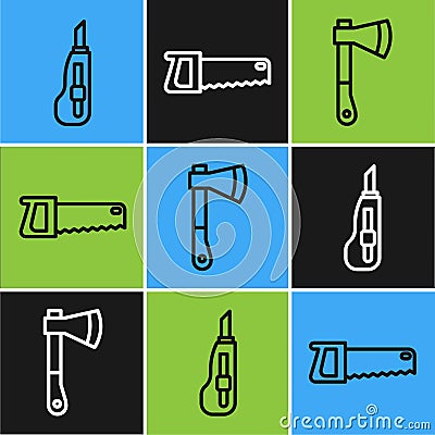 Set line Stationery knife, Wooden axe and Hand saw icon. Vector Vector Illustration
