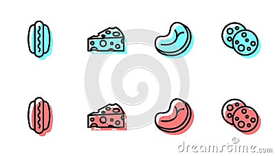 Set line Steak meat, Hotdog, Cheese and Cookie with chocolate icon. Vector Vector Illustration