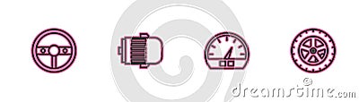 Set line Steering wheel, Speedometer, Electric engine and Car icon. Vector Vector Illustration