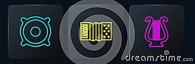 Set line Stereo speaker, Ancient lyre and Accordion. Black square button. Vector Vector Illustration