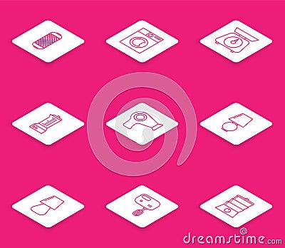 Set line Stereo speaker, Washer, Scales, Blender, Hair dryer, Table lamp, and Electric mixer icon. Vector Vector Illustration