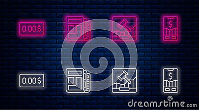 Set line Stock market news, Online internet auction, Zero cost and Mobile stock trading. Glowing neon icon on brick wall Vector Illustration