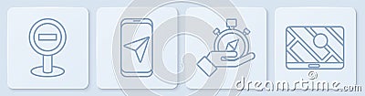 Set line Stop sign, Compass, City map navigation and City map navigation. White square button. Vector Vector Illustration