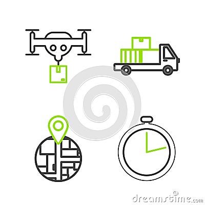 Set line Stopwatch, Delivery truck with cardboard boxes and drone the package icon. Vector Vector Illustration