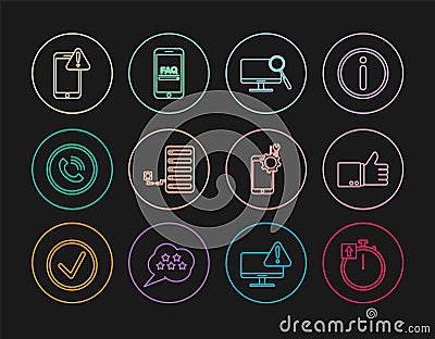 Set line Stopwatch, Hand thumb up, Computer monitor diagnostics, Server, Phone call, Mobile with exclamation mark Vector Illustration