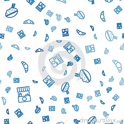 Set line Street stall with awning, Rice bowl chopstick and Croissant on seamless pattern. Vector Vector Illustration