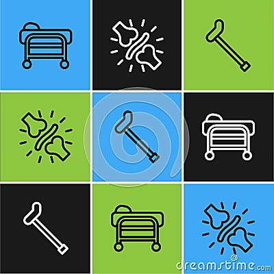 Set line Stretcher, Walking stick cane and Joint pain, knee pain icon. Vector Vector Illustration