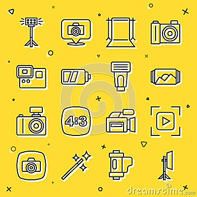 Set line Studio light bulb in softbox, Camera focus frame line, Photo, Empty photo studio, Battery for camera, Action Vector Illustration