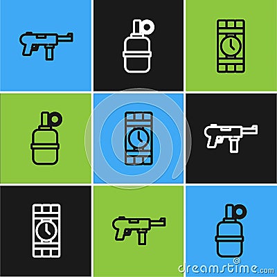Set line Submachine gun M3, Dynamite and timer clock and Hand grenade icon. Vector Vector Illustration