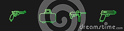 Set line Submachine gun M3, Revolver, Weapon case and Pistol or. Gradient color icons. Vector Stock Photo