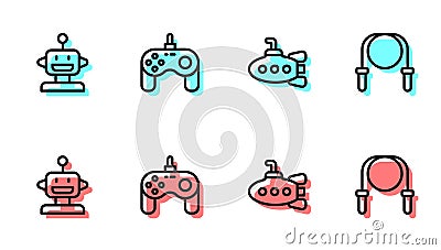 Set line Submarine toy, Robot, Gamepad and Jump rope icon. Vector Stock Photo