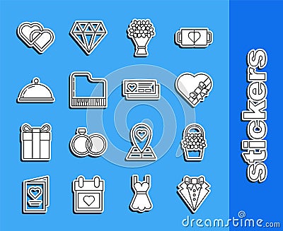 Set line Suit, Flowers in a basket, Candy heart shaped box and bow, Bouquet of flowers, Grand piano, Covered with tray Vector Illustration