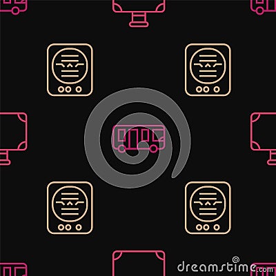 Set line Suitcase, Attitude indicator and Airport bus on seamless pattern. Vector Vector Illustration