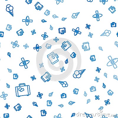 Set line Suitcase, Ice cream in waffle cone and Kayak or canoe on seamless pattern. Vector Vector Illustration