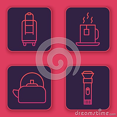 Set line Suitcase, Kettle with handle, Cup of tea with tea bag and Flashlight. Blue square button. Vector Vector Illustration