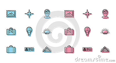 Set line Suitcase for travel, Cruise ticket traveling by ship, Postal stamp and Mountains, Globe with flying plane, Hot Vector Illustration