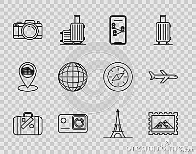 Set line Suitcase for travel and stickers, Postal stamp Egypt pyramids, Infographic of city map navigation, Action Vector Illustration