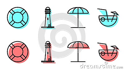 Set line Sun protective umbrella for beach, Lifebuoy, Lighthouse and Coconut cocktail icon. Vector Vector Illustration