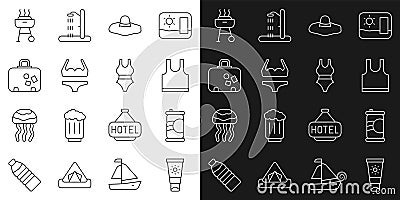 Set line Sunscreen cream in tube, Soda can, Sleeveless T-shirt, Elegant women hat, Swimsuit, Suitcase, Barbecue grill Vector Illustration