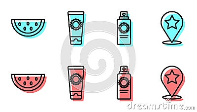 Set line Sunscreen spray bottle, Watermelon, Sunscreen cream in tube and Map pointer with star icon. Vector Vector Illustration
