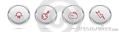 Set line Sunset, Comet falling down fast, and cloud and Lightning bolt. Silver circle button. Vector Vector Illustration