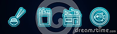 Set line Sushi, Fishing bucket with fishes, Seafood store and Puffer on plate. Glowing neon icon. Vector Stock Photo