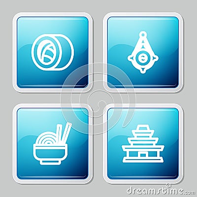 Set line Sushi, Korean lantern, Asian noodles in bowl and temple icon. Vector Vector Illustration