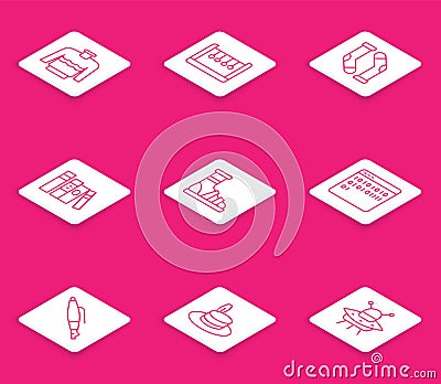 Set line Sweater, Pendulum, Socks, Book, Slippers with socks, Binary code, Fountain pen nib and Man hat icon. Vector Vector Illustration